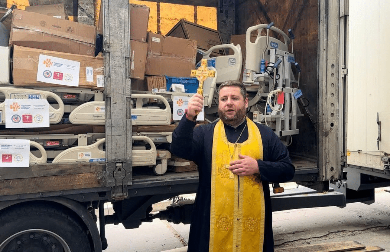 Ukraine Priest blesses truckload of medical beds before delivery to Support Hospitals in Ukraine